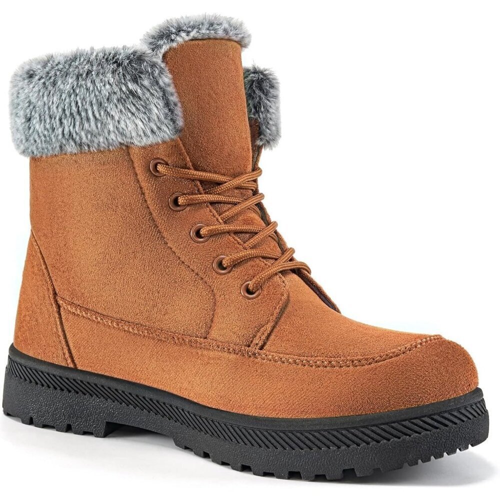 Alicegana Women's Winter Boots Snow Warm Fur Lined Lace Up Khaki Non Slip Boots